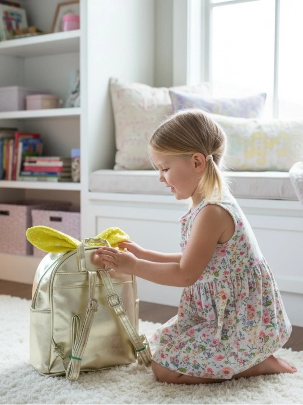 Sequin Bunny Ear Kids Backpack - Yellow with Gold Trim - Picture 2 of 4